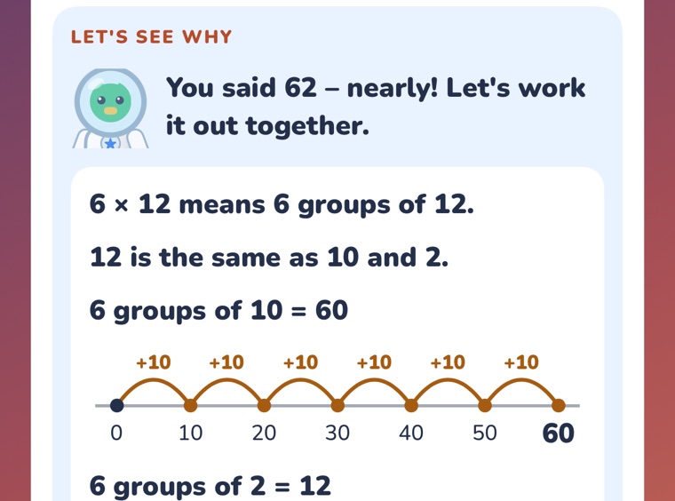 A step-by-step explanation: you said 62, 6 times 12 means 6 groups of 12, with number-line hops of 10