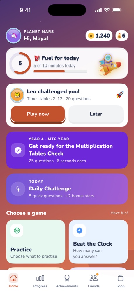 The Sum Rockets home screen: Maya's fuel for today, the Multiplication Tables Check card, the Daily Challenge and the game modes