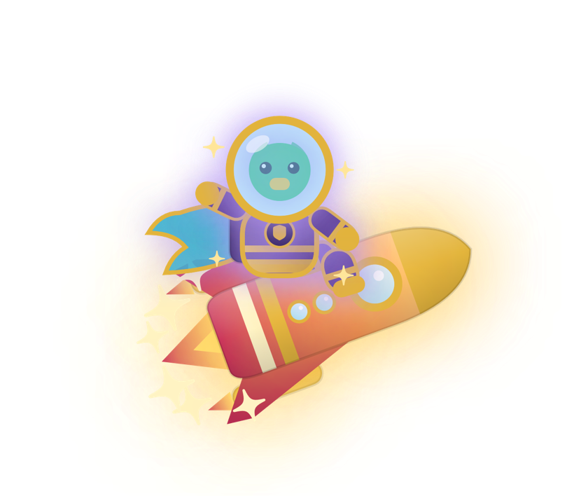 The Sum Rockets mascot, a green bird astronaut, riding a rainbow rocket